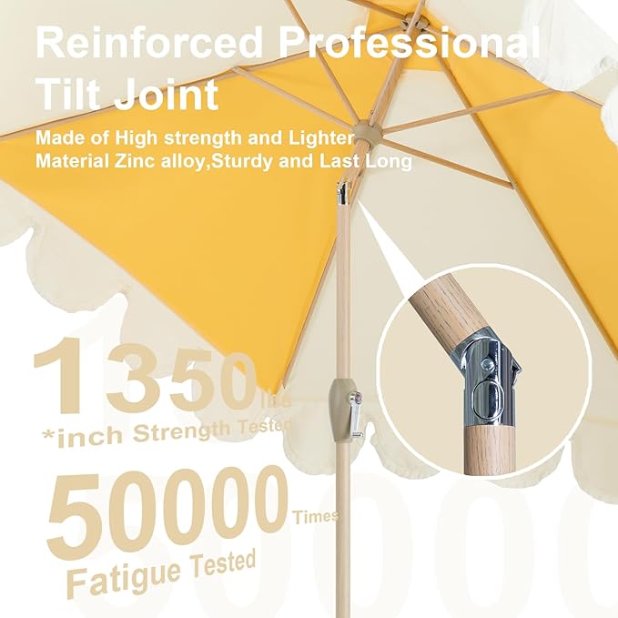 Tempera 9ft Scalloped Patio Umbrellas with Fringe, Market Umbrellas with Water-Resistant and Fade Resistant Canopy, 1.5" Wood Pole & Button Tilt.