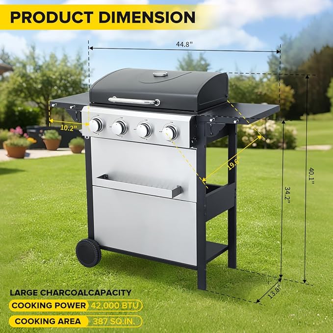 CIG GARDEN 4-Burner Propane Gas Grill, 42,000 BTU Stainless Steel BBQ with Foldable Side Tables, Outdoor Grill for Patio, Garden, Backyard & Camping