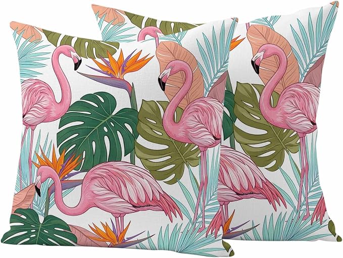 Pink Flamingos Outdoor Pillow Covers 16"x16" Set of 2, Watercolor Monstera Leaf Green Tropical Plant Waterproof Throw Pillow Covers for Patio Furniture, Decorative Cushion Covers for Porch