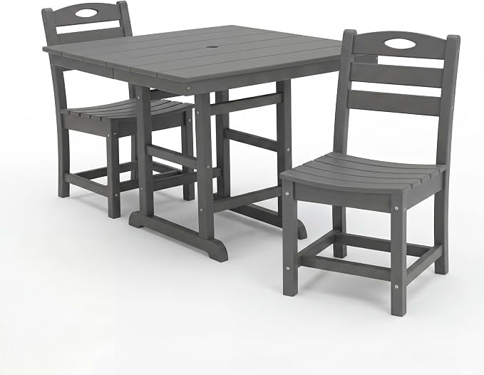 WILLIAMSPACE 37.8" Outdoor Patio Dining Set with 2 Armless Chairs, All Weather HDPE Square Dining Table with Umbrella Hole, Patio 3-Piece Bistro Set for Backyard, Balcony, Lawn, Kitchen (Grey)