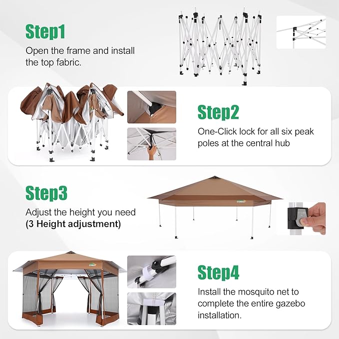 COBIZI 16x16 Pop Up Gazebo Tent with Mosquito Netting, Gazebos on Clearance, Hexagonal Outdoor Canopy Shelter, Patented Center Lock 6-Sided Portable Gazebos, Pop Up Canopy Tent for Backyard, Brown