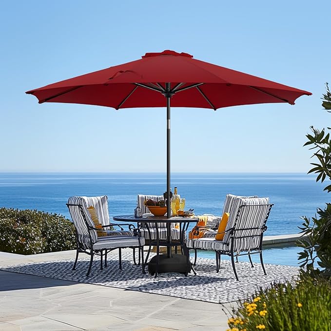 wikiwiki 9FT Patio Umbrella with Base, Outdoor Umbrellas with Base Included, 8 Sturdy Ribs, Waterproof Fade Resistant POLYESTER DTY Canopy for Deck, Lawn, Garden, Backyard & Pool, Burgundy Red
