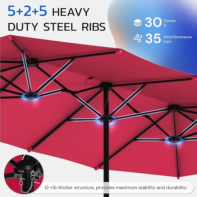 AECOJOY 15x9ft Patio Umbrella with Base Included, Outdoor Double-Sided Rectangle Umbrella with Crank Handle, Market Umbrella for Deck Pool Patio Garden(1.9" Pole, Red)