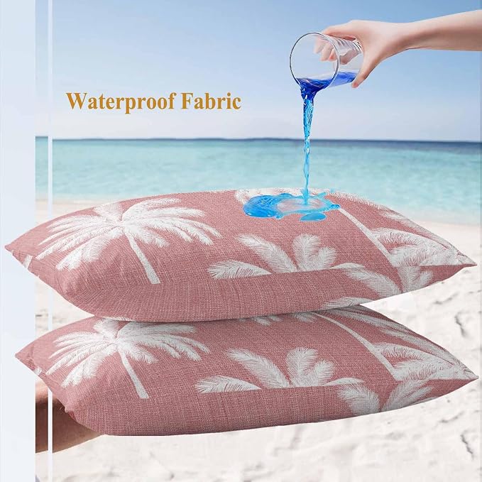 Lumbar Pillow Covers 20x12 Inch Set of 2, Pink Palm Trees Waterproof Outdoor Pillow Covers, Farmhouse Tropical Summer Beach Decorative Cushion Pillowcases for Couch, Sofa, Bed, Garden, Patio
