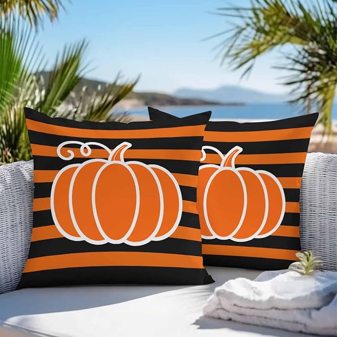 Orange Pumpkins Outdoor Waterproof Pillow Covers, Autumn Black Stripes Farmhouse Decorative Square Throw Pillowcase Sofa Cushion Sham for Patio/Couch/Chair, 24"x24" 2 Pack
