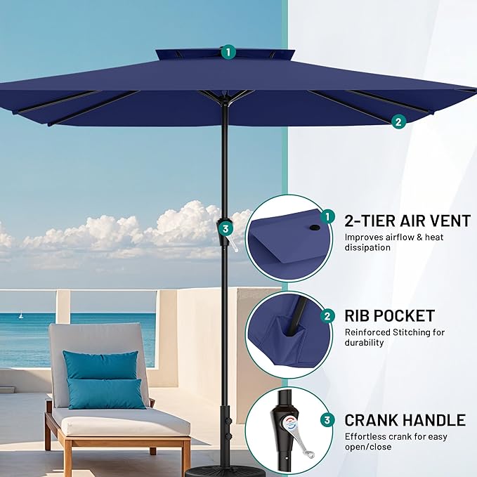 AreShark 8'x10' 2 Tiers Rectangular Patio Umbrella - Outdoor Umbrella Waterproof UV Protection, Market Table Umbrella w/Crank for Pool, Backyard, Deck(Navy)