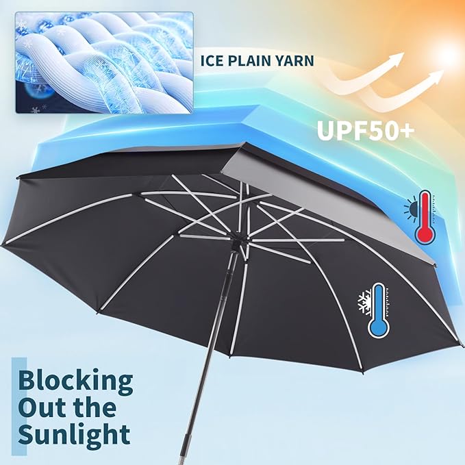 48.6" Double Canopy Beach Umbrella with Clamp, UPF50+ Beach Chair Umbrella with clip, 360°Adjustable Portable Outdoor Wheelchair, Patio, Golf Carts,Camping(Grey/Black)