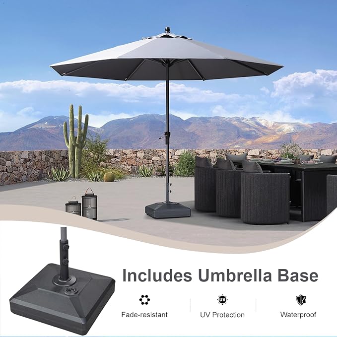 PURPLE LEAF 11' Round Patio Market Umbrella with Base Outdoor Table Umbrellas Aluminum Frame Sun Shade with 8 Sturdy Ribs for Garden Deck Lawn Pool Light Gray