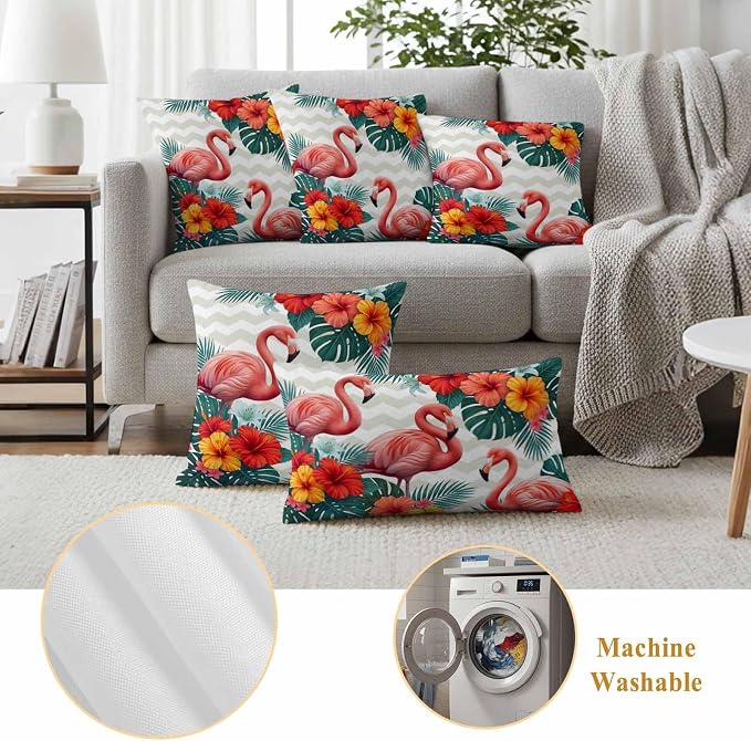 Pink Flamingos Outdoor Pillow Covers 18"x18" Set of 2, Summer Red Hibiscus Flower Tropical Plant Wave Stripes Waterproof Throw Pillow Covers for Patio Furniture, Decorative Cushion Covers for Porch