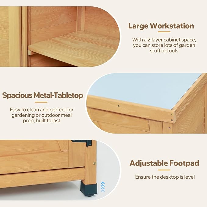 Outdoor Deck Box Storage Cabinet with Metal Work Surface, Weatherproof Hemlock Wood Patio Storage for Garden Tools and Supplies, Stable X-Shape Design, 31 x 18 x 36 Inches, Wood Color
