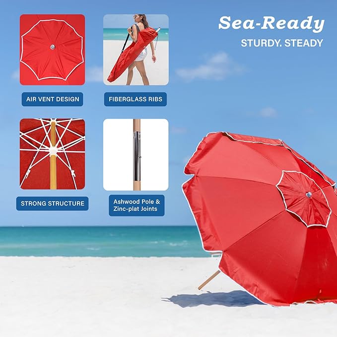 AMMSUN 7.5ft Heavy Duty HIGH Wind Beach Umbrella Commercial Grade wood Beach Umbrella with Air Vent Ash Wood Pole & Portable Carry Bag UPF50+ Protection Windproof Red