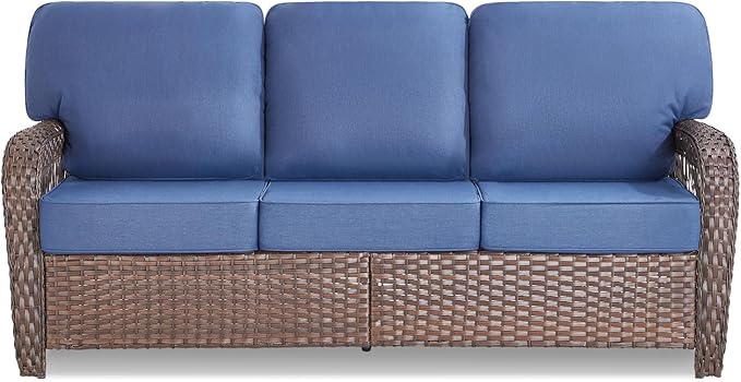 Belord Luxury Outdoor High Back Couch, All-Weather Wicker 3-Seater Sofa, Wicker Patio Furniture for Deck Porch Garden,Blue