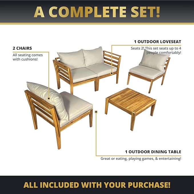 Kinger Home Trena 5-Piece Acacia Wood Outdoor Patio Furniture Set with Cushions Elegant Durable Wood Patio Furniture Set for Gardens, Decks, and Conversations