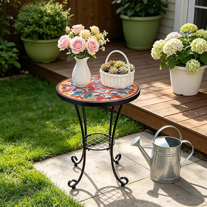 14 Inch Mosaic Patio Side Table with Scroll Legs, Indoor Outdoor Accent Round End Table with Ceramic Tile Tops for Yard, Garden, Living Room, Bistro, B - Mediterranean Floral Pattern