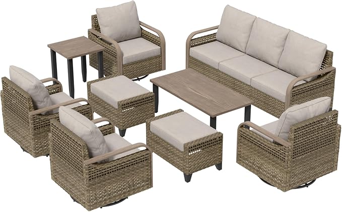 EAGLE PEAK Modern Wicker Outdoor Patio Furniture Set, Patio Conversation Set, 4 Swivel Rocker Chairs, 3-Seat Loveseat, 2 Ottomans, Coffee Table and Side Table, 9 Pieces, Brown/Gray
