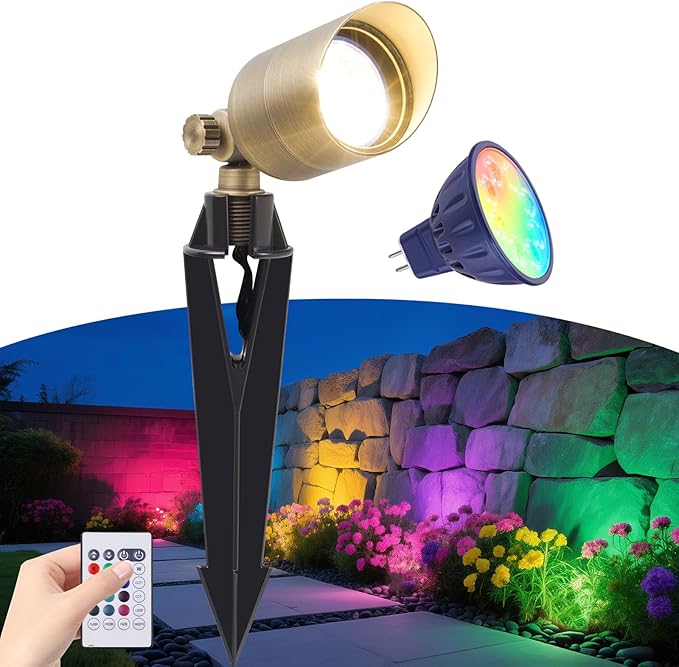Low Voltage Landscape Lighting, Halloween Spotlight Outdoor, Color Changing Landscape Light, 12V Brass Spot Light with RGBW MR16 LED Bulb,Christmas Outdoor Decorations for Yard Garden Lawn