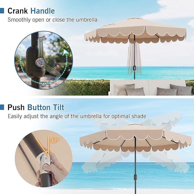RELAX4LIFE 10 FT Scalloped Patio Umbrella, Market Table Umbrella with Push Button Tilt, Crank, 8 Sturdy Metal Ribs, Vented Top, Sun-Protective Ruffled Canopy, Heavy-duty Outdoor Parasol for Garden Poolside Deck