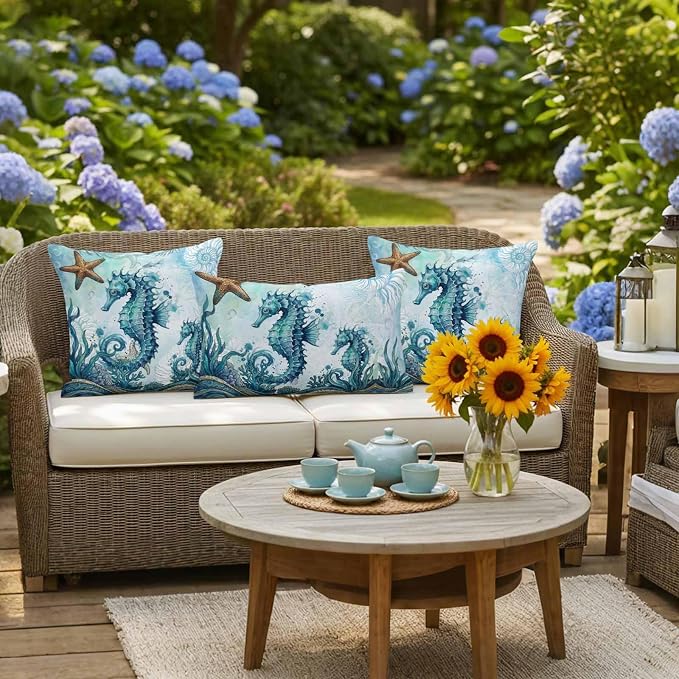 Ocean Seahorses Outdoor Pillow Covers 20x12 Inch Lumbar Pillow Covers Set of 2 Waterproof Decorative Throw Pillow Cases Coastal Animals Seaweed Strafish Compass Blue Cushion Covers for Patio Furniture