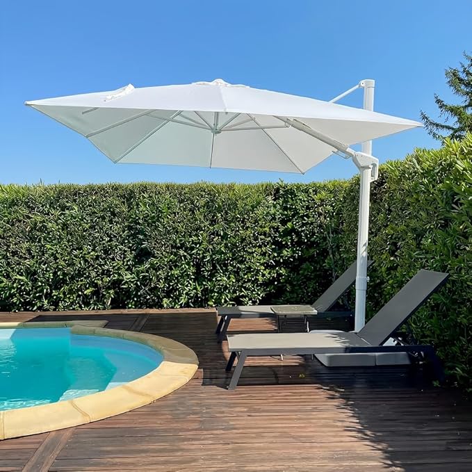 PURPLE LEAF 10 FT Patio Umbrella With Base White Cantilever Umbrella Square Outdoor Offset Umbrella Windproof with 360° Rotation for Garden Deck Pool, White