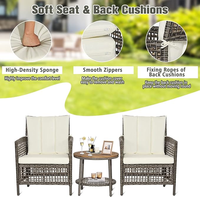 Tangkula 3 Piece Patio Conversation Set, Outdoor Rattan Chair Set W/ 2-Tier Coffee Table, Acacia Wood Tabletop, Cozy Seat & Back Cushions, Wicker Sofa Set for Backyard Poolside Front Porch (Off White)