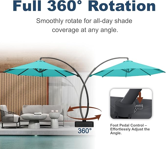 12FT Cantilever Umbrella with Base Large Curvy Outdoor Aluminum Offset Umbrella w/ 360° Rotation, UV Resistant Canopy for Patio, Garden, Backyard, Aqua Blue