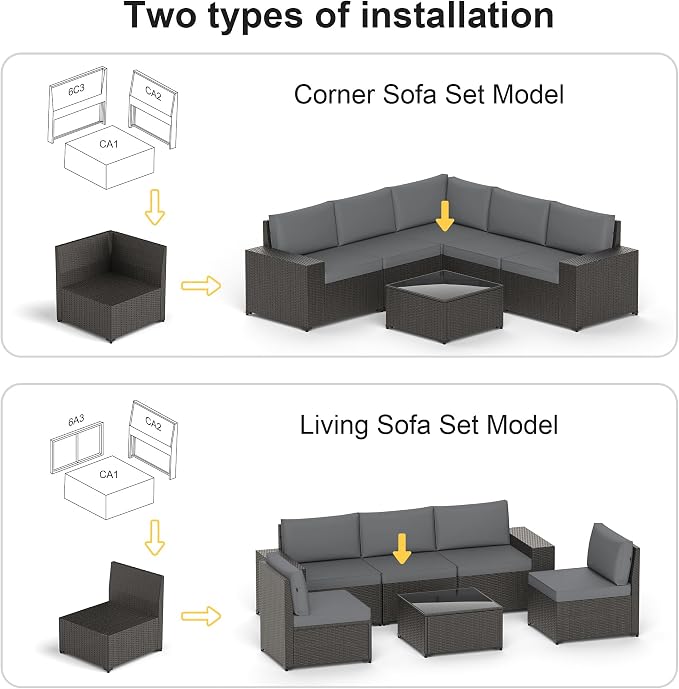 Patio Furniture Set, 6PCS Patio Sectional with Ottoman Wicker Rattan Outdoor Furniture with Thickened Cushion Modular Wicker Patio Conversation Set with Glass Top Table for Balcony, Backyard(Grey)