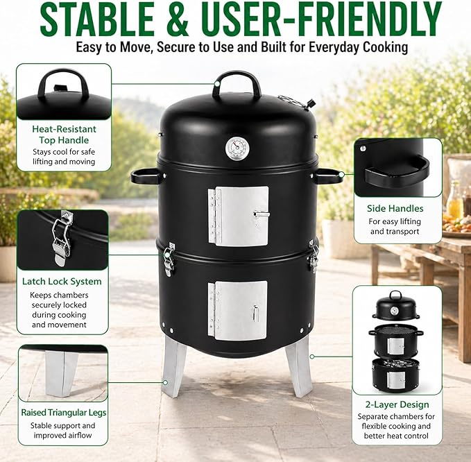 16.5 Inch Charcoal Smoker for Meat, Vertical Smoker Grill, Small Smoker for Backyard, Patio and Parties | 4-in-1 BBQ Smoker with Built-In Thermometer, Adjustable Air Vent, 2 Cooking Racks