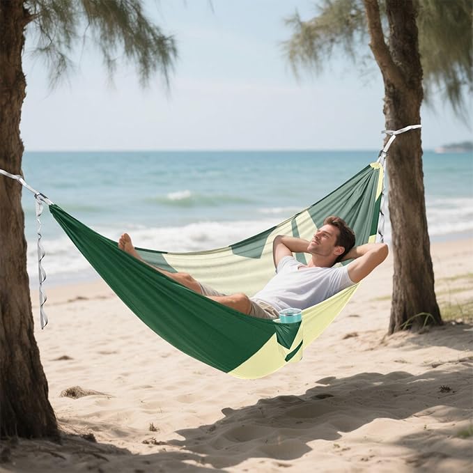 Abstract Art Green Beige Outdoor Hammock with Portabl Carry Bag Indoor Hammock for Outside Patio Backyard Poolside