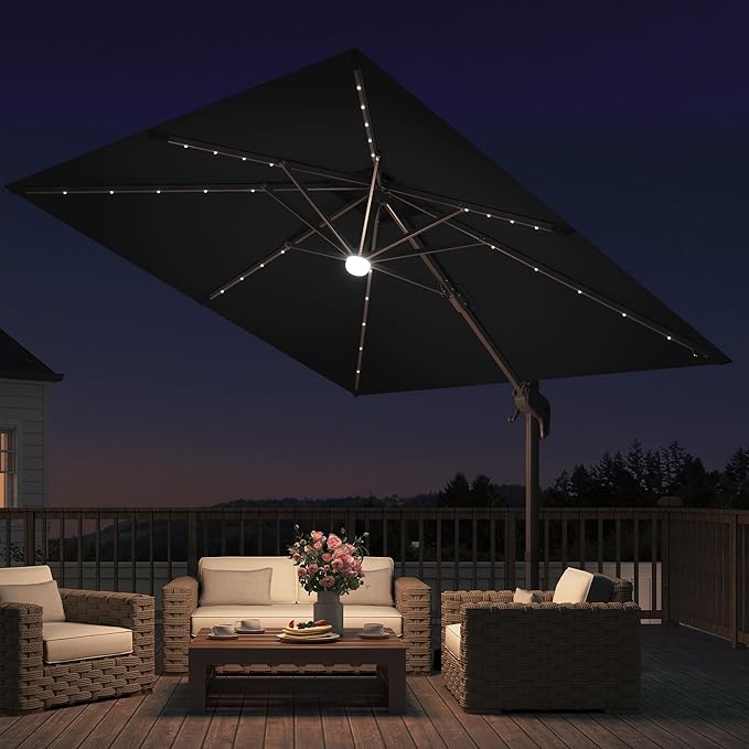 JZAC & QZYD 9x9 FT Outdoor Cantilever Patio Umbrella with Solar LED Lights, Large Heavy Duty 2-Tier Canopy Square Aluminum Offset Umbrellas with 360-Degree Rotation for Pool Deck Backyard, Black