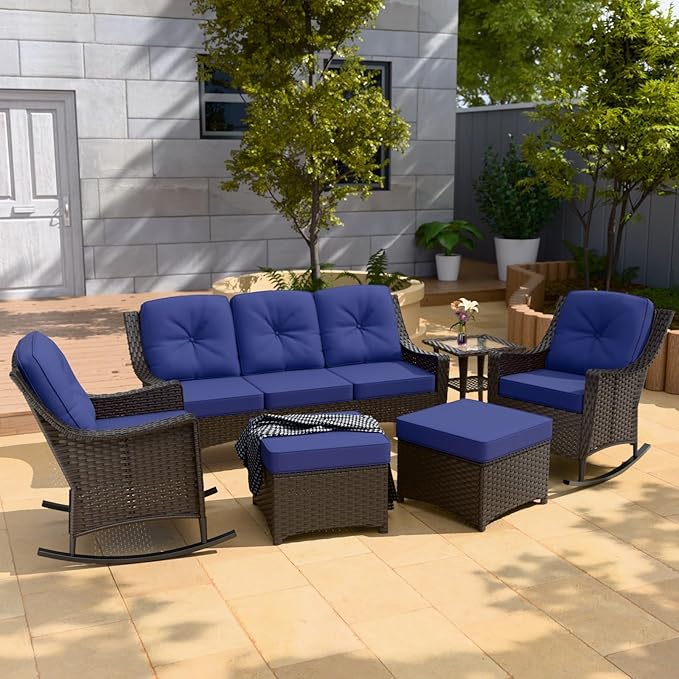 Stone Creek Outdoor Furniture Set with Rocking Chairs, 3 Seater Couch, Side Table & Ottomans, Wicker Patio Conversation Set, Balcony Furniture, 6 Piece, Brown/Blue