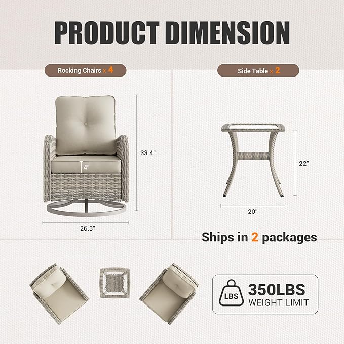 6-Piece Patio Rocking Swivel Chair Outdoor Wicker Rattan Bistro Set with Tempered Glass Side Table, Outdoor Patio Furniture Set for Garden, Deck, and Balcony, White