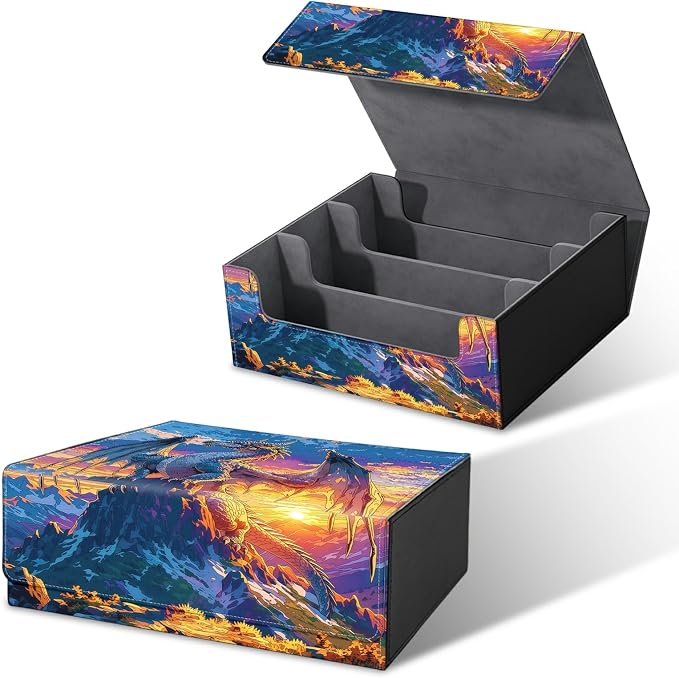 Large Card Deck Box for MTG, Fits 1200+ Sleeved Cards, PU Leather Storage Case with Strong Magnetic Closure, Multiple Colors for TCG CCG Baseball Card Collections, Mountain Sunset Dragon