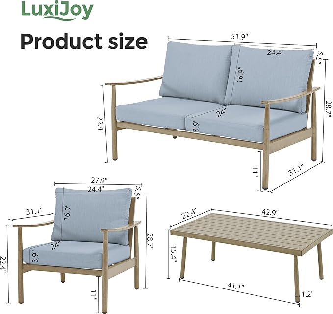 4 Pieces Patio Furniture Set, Aluminum Outdoor Patio Furniture Sets, 2 Armchairs and Loveseat with Thick Cushion, Patio Conversation Set for Backyard Deck Poolside, Blue & Brown