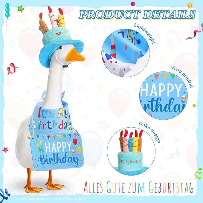 Happy Birthday Porch Goose Outfit Lawn Goose Cloth Costume for 23" Cement Plastic Patio Yard Statue Outdoor(Blue,Triangle Scarf)