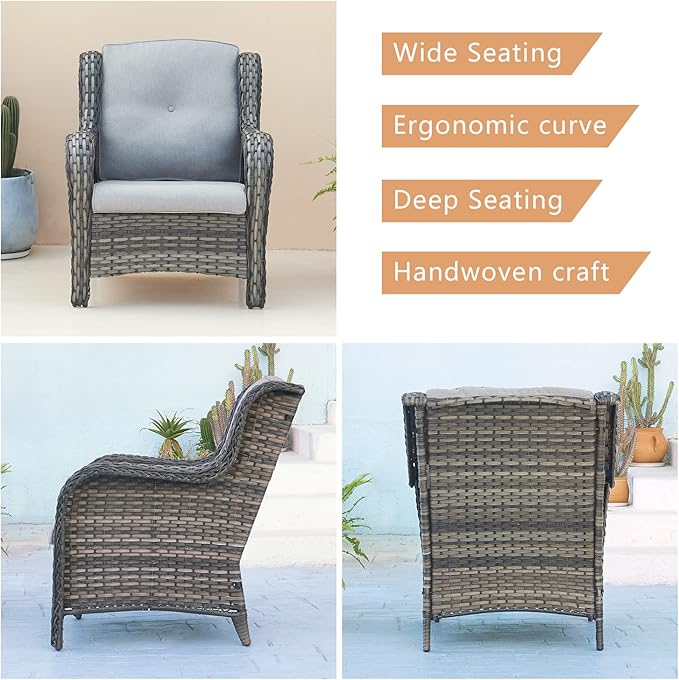 Outdoor Patio Wicker Furniture Set - 6 Piece Rattan Patio Conversation Sectional Sofa Set with 1 Couch,2 Armchairs,2 Ottomans and 1 Glass Top Coffee Table for Porch Deck Garden(Mixed Grey/Grey)