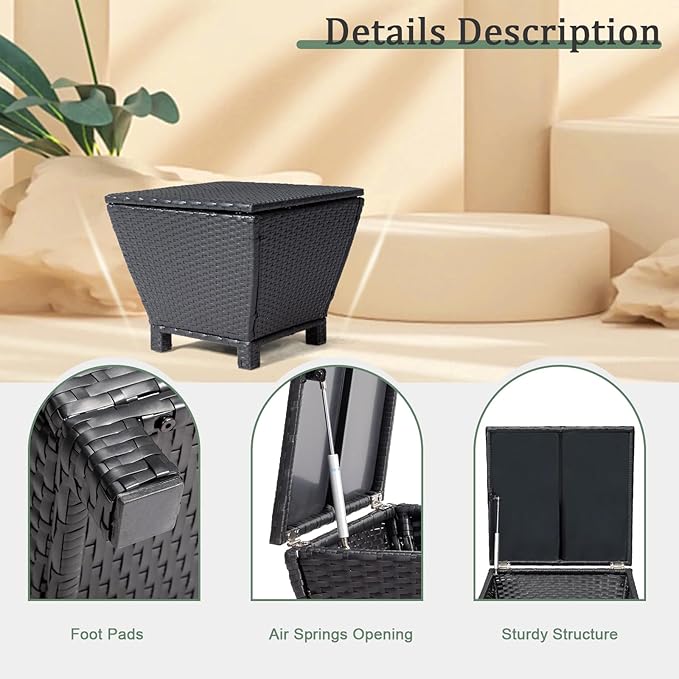 Outdoor PE Wicker Side Table with Storage – 13 Gallon Patio Storage Bin, All-Weather Rattan Coffee Table for Garden, Balcony, Poolside – Holds Hose, Cushions, Towels (Black)