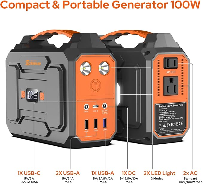 Portable Power Station 100W with 60W Foldable Solar Panel, 110V 65W Power Pack with AC Outlet,Solar Power Bank Generator for Outdoor Smart Device Camping RV Travel Emergency with Solar Charger