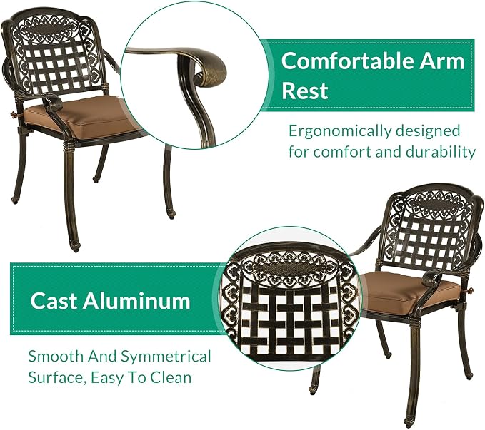 VIVIJASON 3-Piece Outdoor Patio Bistro Set, All-Weather Cast Aluminum Furniture Dining Sets Include 2 Cushioned Chairs and 35.4" Round Table w/Umbrella Hole for Balcony, Lawn, Garden, Backyard