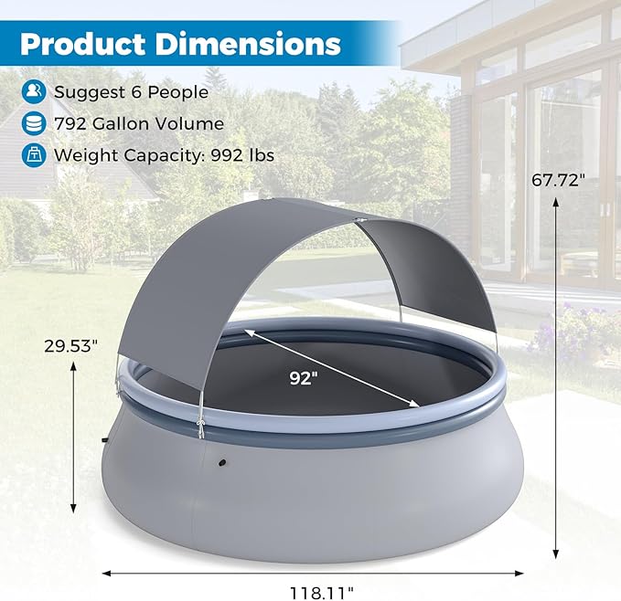 Goplus Inflatable Pool with Canopy, Large Round Above Ground Swimming Pool w/ 2 Air Chambers, Repair Patch, Top Ring Blow Up Pools for Backyard, Lawn, Garden (118” x 68”)