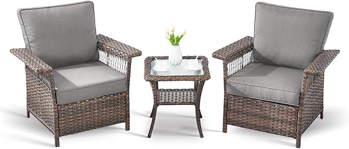 Outdoor Patio Chairs Wicker Chair - 3 Piece Rattan Patio Bistro Chairs Set with Sturdy Frame,All-Weather PE Wicker and Comfortable Cushions,1 Side Table for Outside Porch Deck Balcony(Brown/Grey)