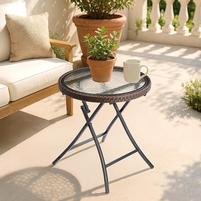 Folding Small Outdoor Side Table, Round Rattan Patio End Table All Weather, Patio Wicker Table and Outside Furniture for Pool, Balcony, Deck, Porch, Brown
