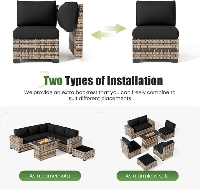 Amopatio 7 Piece Patio Furniture Set with 8" Armrest & 44" Fire Pit Table, Outdoor Wicker Rattan Sectional Sofa Conversation Set for Backyard, Garden, Poolside(Black Cushion)