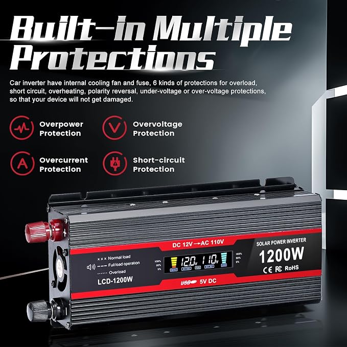 1200Watt Car Power Inverter 12V DC to 110V AC,1200W Inverter,Power Inverters for Vehicles with LCD Display and AC Outlets 2A USB Charging Port (Black)