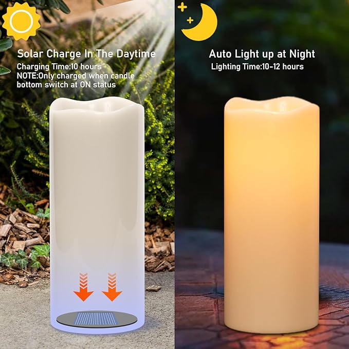 Eldnacele Large Outdoor Solar Flameless Candles Waterproof, 4" x 10", Solar Powered Dusk to Dawn Plastic LED Flickering Pillar Candles for Garden Patio Lanterns Wedding Holiday Decor(2 Pack White)