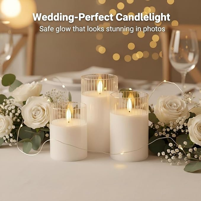 ANGELLOONG White Flameless Candles with Timer, Glass Flickering LED Candle with Remote, Set of 3 Battery Operated Pillar Candles for Bathroom Bathtub Home Decor Wedding Birthday Decoration