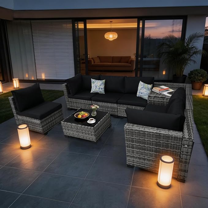 8 Pieces Patio Furniture Set with Storage, Outdoor Sectional Sofas | Storage Box with a Waterproof Bag, Wicker Modular Outdoor Sectional Furniture with Thick Cushions for Deck, Porch, Black