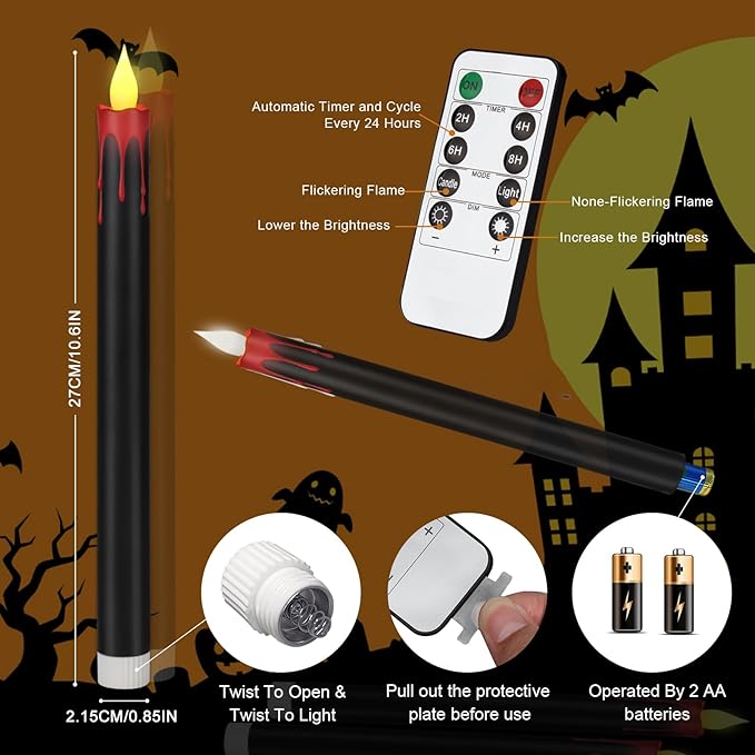 wemarry Flameless Taper Candles 10.6" Dripless Battery Operated Taper Candles Included Remote Timer 400+ Hours by 2AA Batteries for Halloween Christmas Wedding (Black+Burgundy, 6 Pack)