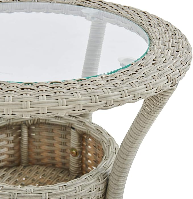 Modern and Weatherproof Haven All-Weather Wicker Outdoor Round Glass-Top Accent Table with Storage - Outdoor Furniture Patio Set & Metal - 20 in. W x 20 in. D x 26 in. H