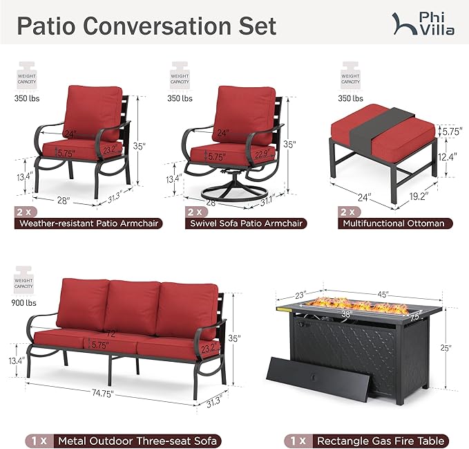 PHI VILLA 8 PCS Patio Furniture Set with Fire Pit Table,Metal Outdoor Furniture with 1 x 3-Seat Bench Sofa, 2 x Swivel Sofa Chairs, 2 x Leg Chair & 2 x Ottoman, Modern Patio Set, Red