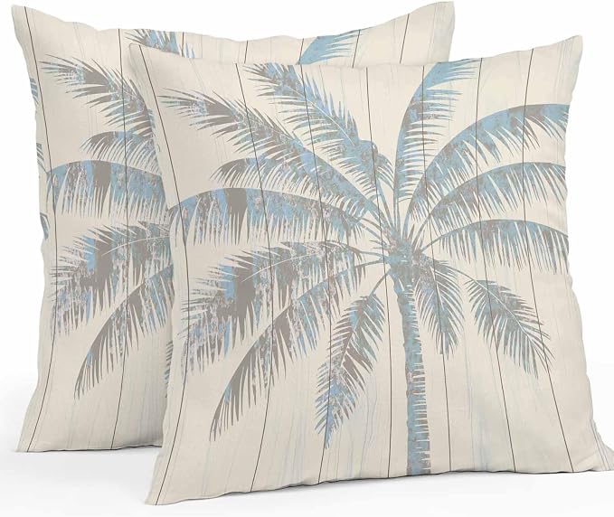 Pack of 2 Blue Beige Palm Tree Outdoor Pillow Covers Decorative, Summer Tropical Botanical Waterproof Pillow Protector, Vintage Throw Pillowcases Accent Cushion Cases for Patio Couch Sofa 26"x26"